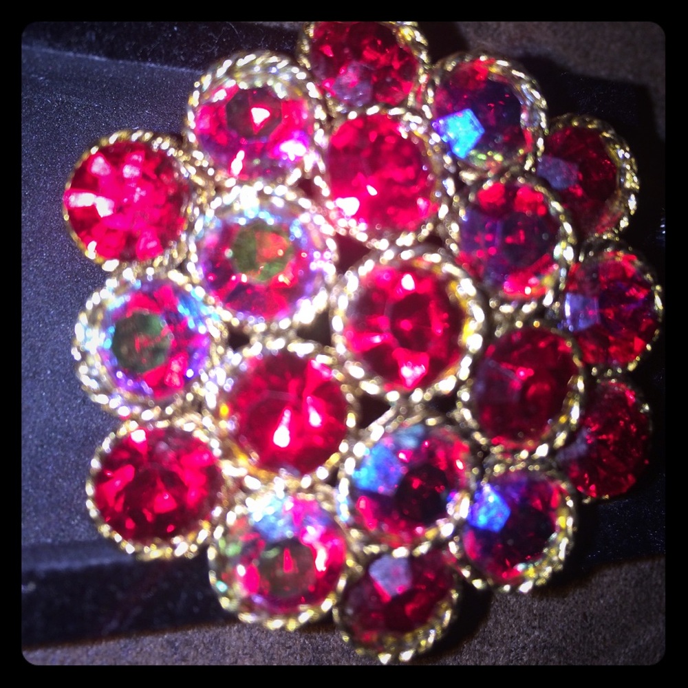 Vtg signed WEISS red aurora AB rhinestone pin